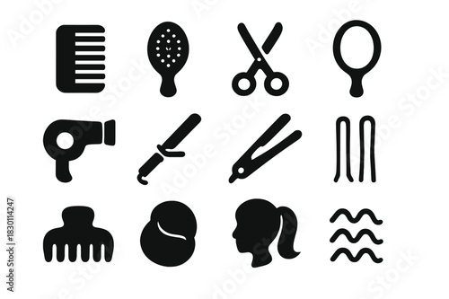 Vintage Hair Icons. Vintage hair. Solid icon set of Vintage hair: comb, hairbrush, scissors, mirror, hair dryer, curling iron, straightener, hairpins, hair