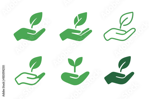 Eco Logo Variations. Eco-friendly mindset. Icon set. Set Logo of eco-friendly mindset: hand nurturing leaf. harmonious logo variations of the same emblematic