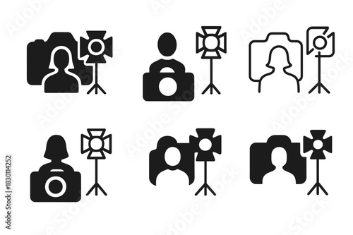 Model Icon Variations. model on location. Icon set. Set Logo of model on location: camera and spotlight. harmonious logo variations of the same emblematic