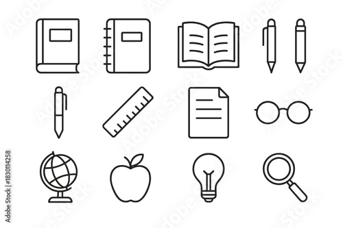 Academic Icon Set. Academic resources. Line icon set of academic resources: textbook, notebook, open book, pencil, pen, ruler, paper sheet, glasses, globe,