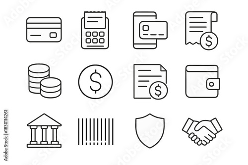 Payment Icons Grid. Payment processing. Line icon set of payment processing: credit card, terminal, mobile phone, receipt, coin stack, dollar sign, invoice,