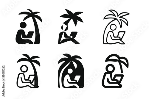 Remote Work Icons. work from anywhere. Icon set. Set Logo of work from anywhere: digital nomad with tablet. harmonious logo variations of the same emblematic