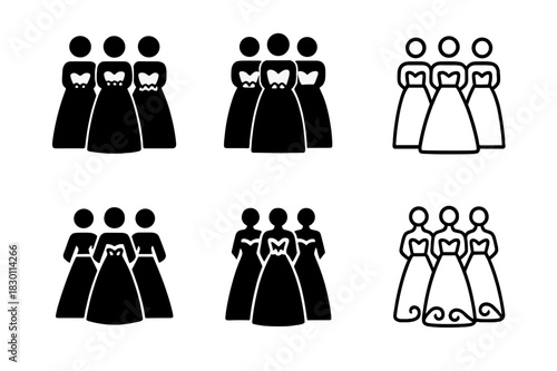 Bridesmaid Logos Collection. Bridesmaids in matching dresses. Icon set. Set Logo of bridesmaids in matching dresses: Gowns with lace details. harmonious logo