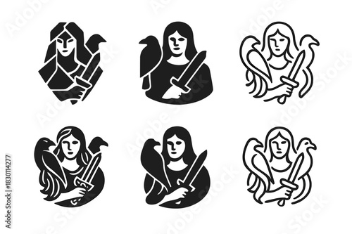 Celtic Gods Logos. celtic gods. Icon set. Set Logo of celtic gods: Morrigan with raven and blade. harmonious logo variations of the same emblematic concept,