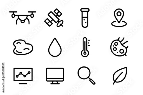 Environmental Monitoring Icons. Environmental monitoring. Line icon set of environmental monitoring: drone, satellite, test tube, map marker, pond, droplet,