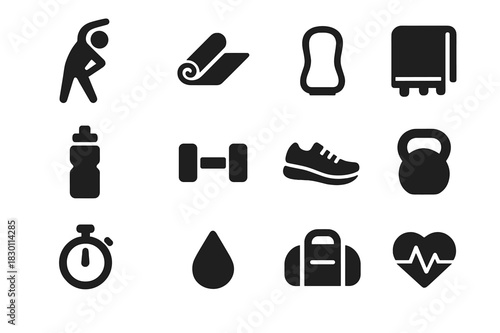 Cool Down Icon Set. Cool down exercises. Solid icon set of Cool down exercises: person stretching, yoga mat, resistance band, towel, water bottle, dumbbell,