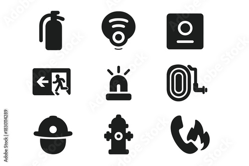 Fire Safety Icons. Fire safety measures plan. Solid icon set of fire safety measures plan: fire extinguisher, smoke detector, fire alarm, exit sign, emergency