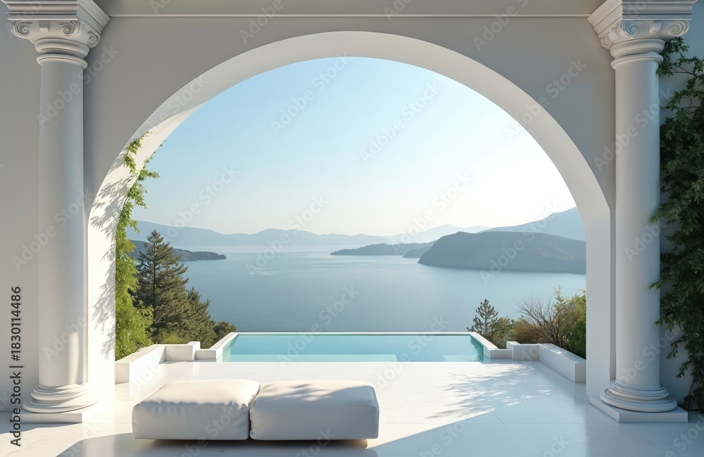 Obraz premium Greek style architecture overlooking ocean view through archway. White columns, clear blue sea. Summer vacation resort, relaxing scene, swimming pool. Minimalistic design. Mediterranean holiday