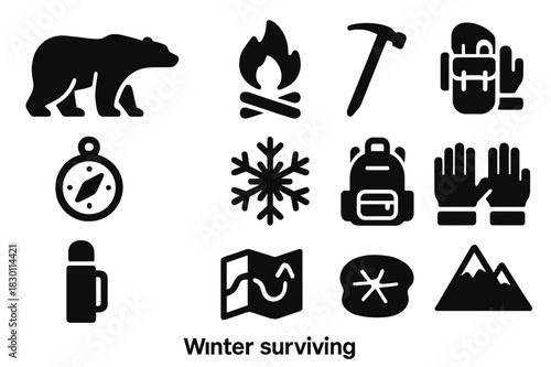 Winter Survival Icons. Winter survival. Solid icon set of winter survival: polar bear, campfire, tent, ice axe, compass, snowflake, backpack, gloves, thermos,