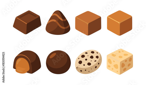 Assorted chocolate bonbons, candies, and truffles, flat vector illustration