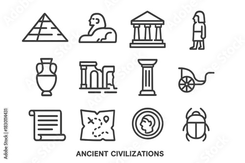 Ancient Icons Grid. Ancient civilizations. Line icon set of ancient civilizations: pyramid, sphinx, temple, statue, amphora, ruin, column, chariot, scroll,