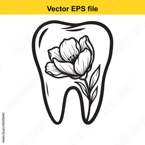 Black and white line art vector illustration of a blooming flower growing inside a human molar tooth, symbolizing dental health and nature, isolated on white background