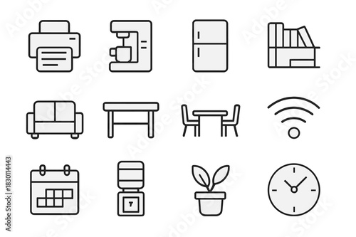 Shared Office Icons. Shared office amenities. Line icon set of shared office amenities: printer, coffee machine, fridge, bookshelf, sofa, desk, meeting table,