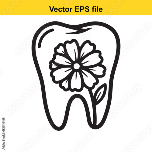 Outline vector illustration of a healthy tooth with a blooming flower growing inside, symbolizing dental care, nature, and freshness, isolated on white background