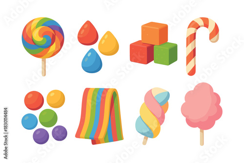 Candy and lollipop assortment, colorful sweets, flat vector illustration