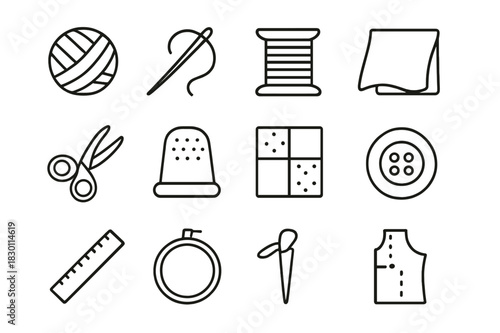 Textile Craft Icons. Textile crafts. Line icon set of textile crafts: yarn ball, needle, thread, spool, fabric, scissors, thimble, patchwork, button, ruler,