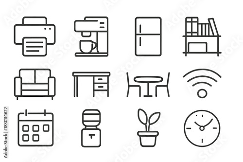 Shared Office Icons. Shared office amenities. Line icon set of shared office amenities: printer, coffee machine, fridge, bookshelf, sofa, desk, meeting table,