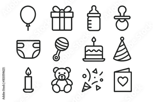 Baby Celebration Icons. Celebratory baby items. Line icon set of Celebratory baby items: balloon, gift box, baby bottle, pacifier, diaper, baby rattle, cake,