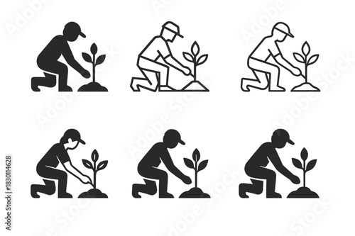 Tree Planting Icons. tree planting programs. Icon set. Set Logo of tree planting programs: volunteers planting trees. harmonious logo variations of the same