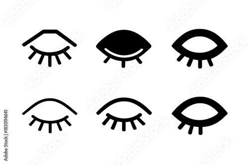 Sad Eyes Logo Set. sad eyes. Icon set. Set Logo of sad eyes: delicate lines forming closed eye. harmonious logo variations of the same emblematic concept, each