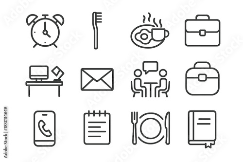 Thursday Routine Icons. Thursday routine. Line icon set of Thursday routine: alarm clock, toothbrush, breakfast, briefcase, desk, email, meeting
