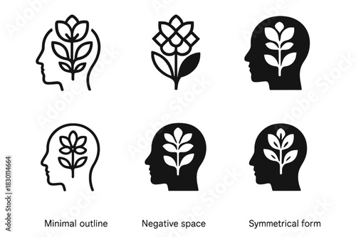Mental Well-being Icons. mental well-being. Icon set. Set Logo of mental well-being: blooming thoughts. harmonious logo variations of the same emblematic