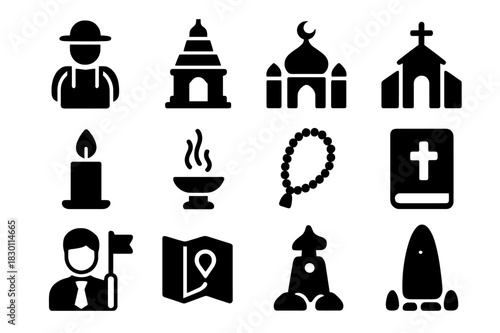 Spiritual Sites Icons. Spiritual sites visit. Solid icon set of Spiritual sites visit: pilgrim, temple, mosque, church, shrine, candle, incense, prayer beads,