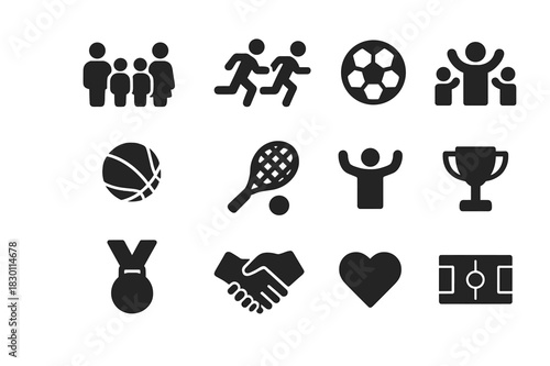 Intergenerational Sports Icons. Intergenerational sports events. Solid icon set of intergenerational sports events: family team, running group, football ball,
