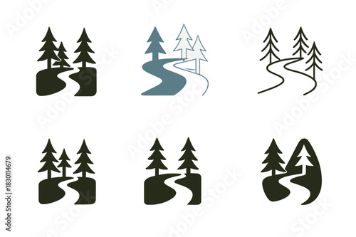 Woodland Stream Icons. woodland stream. Icon set. Set Logo of woodland stream: river winding through pines. harmonious logo variations of the same emblematic