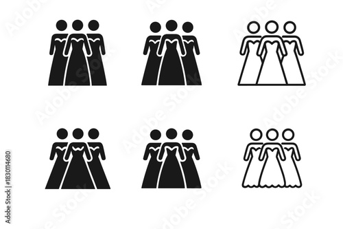 Bridesmaid Logos Collection. Bridesmaids in matching dresses. Icon set. Set Logo of bridesmaids in matching dresses: Gowns with lace details. harmonious logo