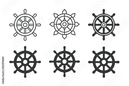 Oceans Logo Variations. Oceans. Icon set. Set Logo of Oceans: Ship Wheel. harmonious logo variations of the same emblematic concept, each with different