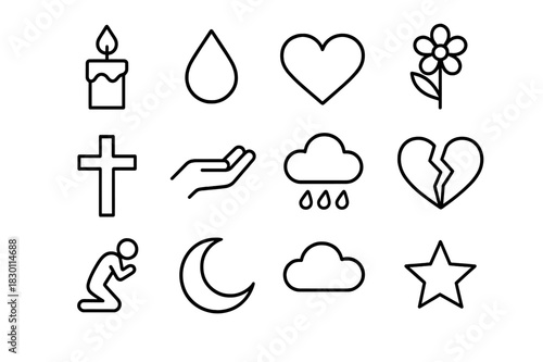 Grief Icon Set. Grief. Line icon set of grief: candle, teardrop, heart, flower, cross, empty hand, rain, broken heart, person kneeling, moon, cloud, star. All