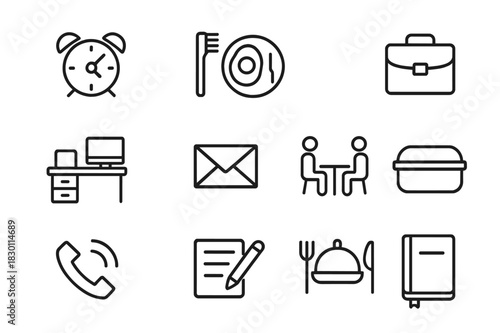 Thursday Routine Icons. Thursday routine. Line icon set of Thursday routine: alarm clock, toothbrush, breakfast, briefcase, desk, email, meeting