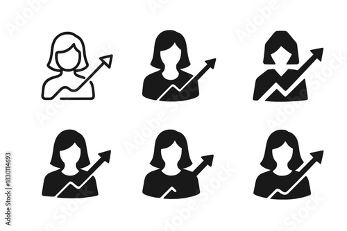 Women Leadership Icons. women in leadership. Icon set. Set Logo of women in leadership: woman with rising arrow. harmonious logo variations of the same