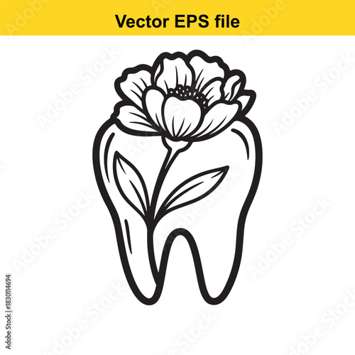 Black and white outline vector illustration of a blooming flower growing out of a molar tooth, symbolizing dental health and natural beauty, isolated on white background