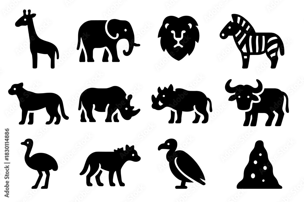 Obraz premium Safari Animal Icons. Safari animals. Solid icon set of Safari animals: giraffe, elephant, lion, zebra, cheetah, rhinoceros, warthog, buffalo, ostrich, hyena,