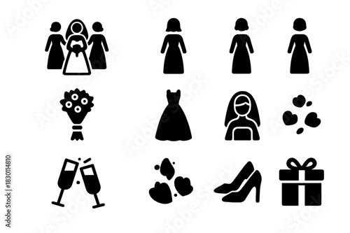 Wedding Icons Set. Bride surrounded by bridesmaids. Solid icon set of Bride surrounded by bridesmaids: bride, bridesmaid , bridesmaid , bridesmaid , bridesmaid