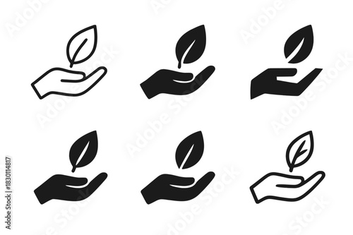 Ethical Branding Logos. Ethical branding. Icon set. Set Logo of ethical branding: hand holding leaf. harmonious logo variations of the same emblematic concept,