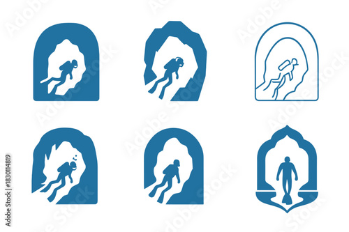 Underwater Cave Logos. underwater caves. Icon set. Set Logo of underwater caves: diver entering cave opening. harmonious logo variations of the same emblematic