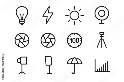 Lighting Icon Set. Lighting and exposure. Line icon set of lighting and exposure: light bulb, flash, sun, reflector, aperture, shutter, ISO dial, tripod,