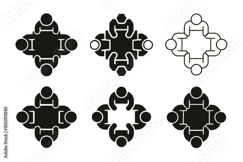 Teamwork Logo Icons. employee teamwork. Icon set. Set Logo of employee teamwork: meeting table top view. harmonious logo variations of the same emblematic