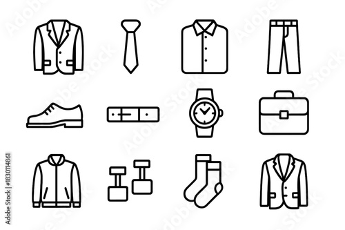 Men's Workwear Icons. Workwear for men. Line icon set of workwear for men: suit, tie, shirt, trousers, shoes, belt, wristwatch, briefcase, jacket, cufflinks,