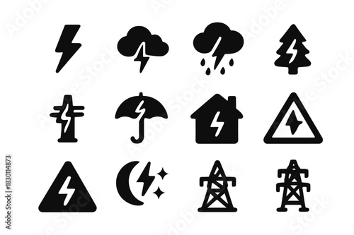 Lightning Icon Set. Lightning. Solid icon set of lightning: lightning bolt, storm cloud, rain, thunder, tree, power line, umbrella, house, cracked ground,