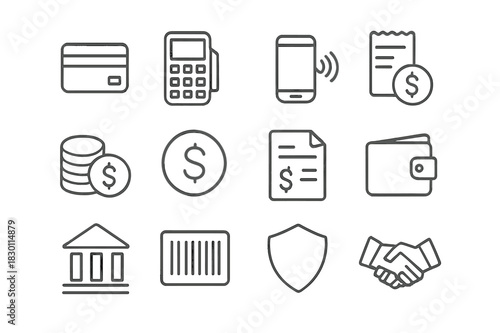 Payment Icons Grid. Payment processing. Line icon set of payment processing: credit card, terminal, mobile phone, receipt, coin stack, dollar sign, invoice,