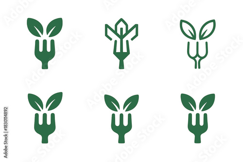 Salad Logo Variations. salad. Icon set. Set Logo of salad: fork and greens. harmonious logo variations of the same emblematic concept, each with different