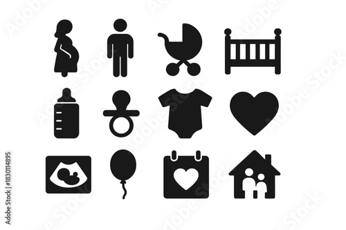 Baby Shower Icons. Baby shower. Solid icon set of Baby shower: pregnant mother, father, baby stroller, crib, baby bottle, pacifier, onesie, heart, ultrasound,
