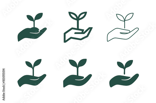 Regeneration Icon Set. regeneration. Icon set. Set Logo of regeneration: hand nurturing sapling. harmonious logo variations of the same emblematic concept,