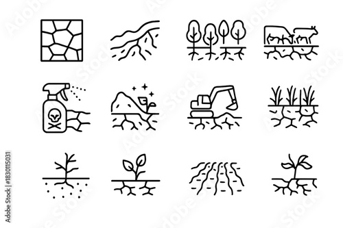 Soil Degradation Icons. Soil degradation. Line icon set of soil degradation: dry cracked soil, erosion symbol, deforestation, overgrazing icon, pesticide