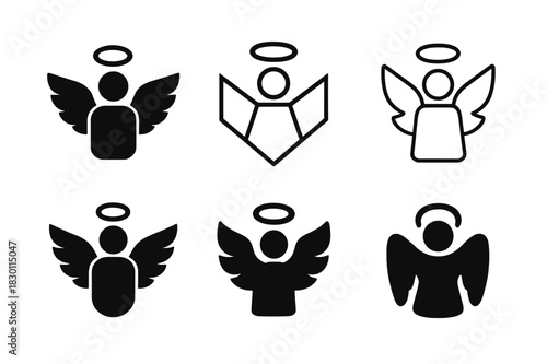 Angelic Logo Variations. angelic presence. Icon set. Set Logo of angelic presence: haloed human silhouette. harmonious logo variations of the same emblematic