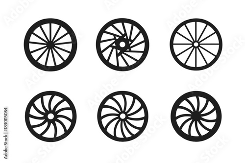 Bicycle Wheel Logos. Bicycle wheel. Icon set. Set Logo of bicycle wheel: rotating wheel. harmonious logo variations of the same emblematic concept, each with